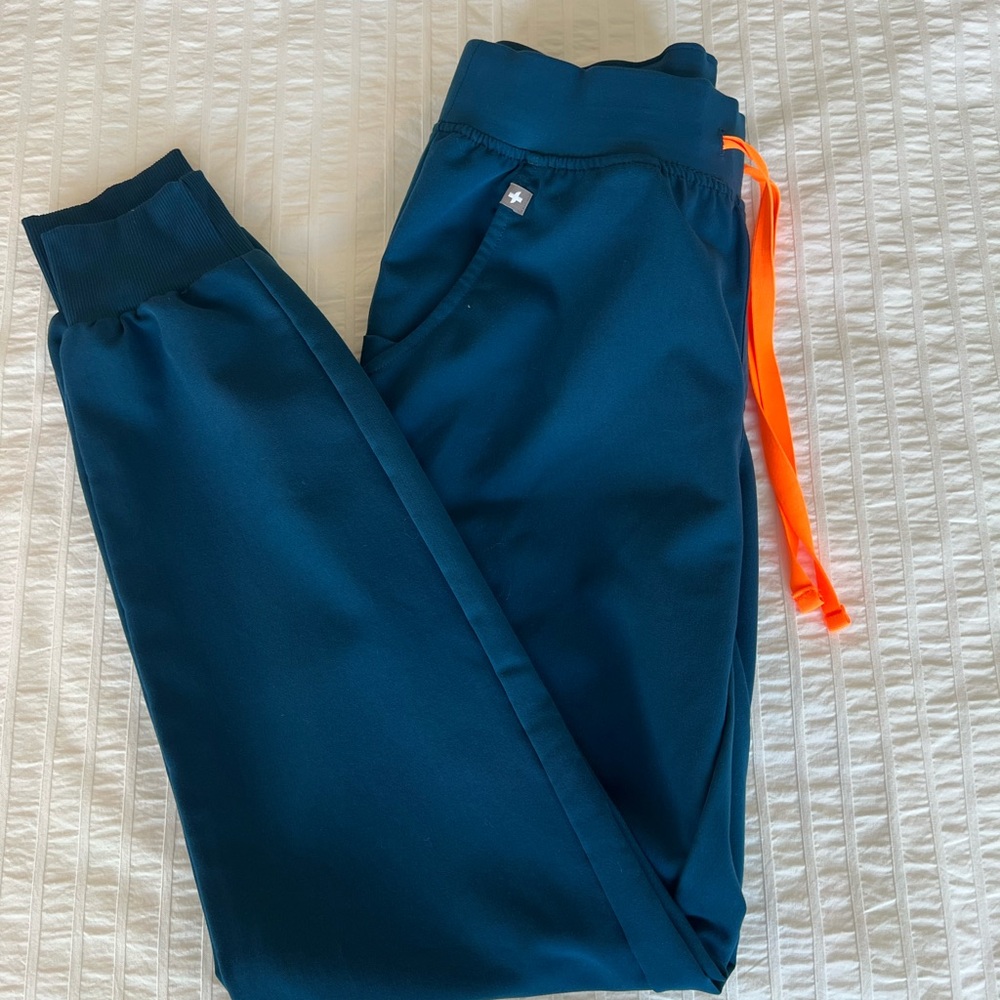 Figs Women's Navy Joggers with Neon Orange Accent